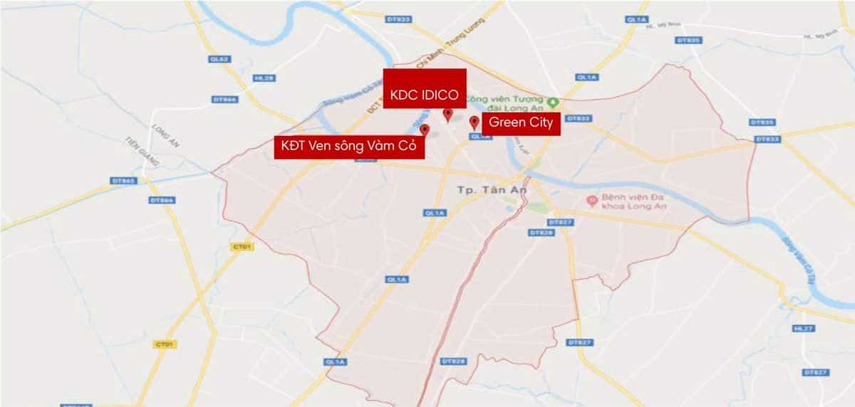 Bản đồ các dự án tại Huyện Tân An - THỐNG KÊ CÁC DỰ ÁN ĐẤT NỀN TẠI LONG AN